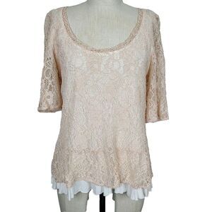 Deletta Anthropologie Top L Beige Embroidered Lace‎ Layered Peplum Blouse